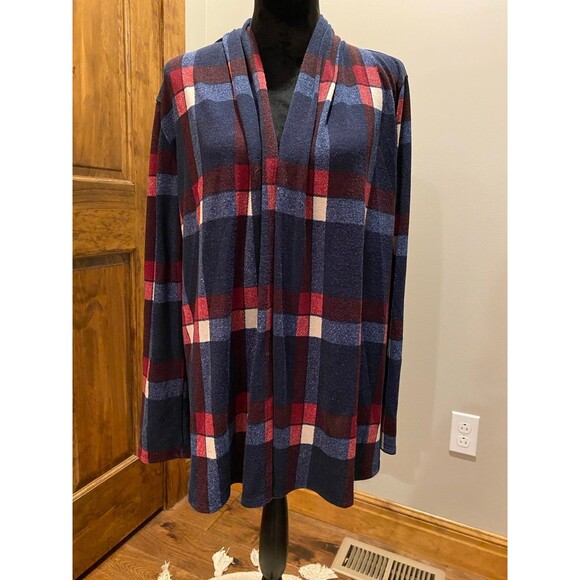 EGY Womans Navy Burgundy Plaid Open Front Light Fleece Jacket  Plus Size XL - Picture 1 of 11